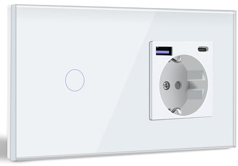 BSEED Smart Alexa Lichtschalter mit Steckdose Schuko Unterputz Steckdose mit USB C 20W Schnellladegerät USB Type C 1 Fach 1 Weg Wandsteckdose mit Glas Panel Geeignet für Phone, Pad, MP3 und mehr Weiß