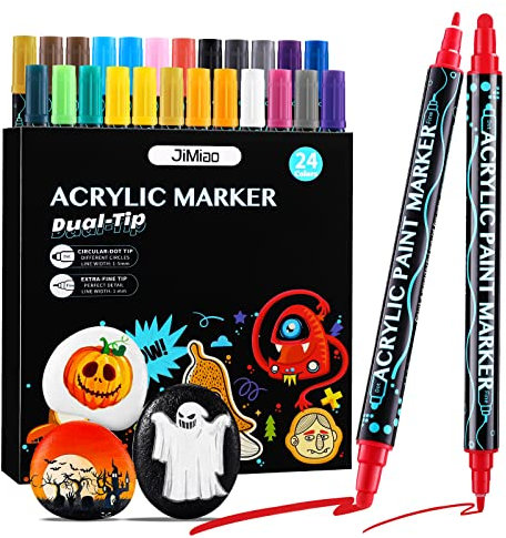 Acrylstifte für Steine, 24 Farben Wasserfest Dual Tip Marker Stifte für Papier, Leinwand, Glas, Keramik, Holz - Ideal zum Basteln, Bemalen von Steinen, Ostern, Halloween, Christbaumkugeln Deko