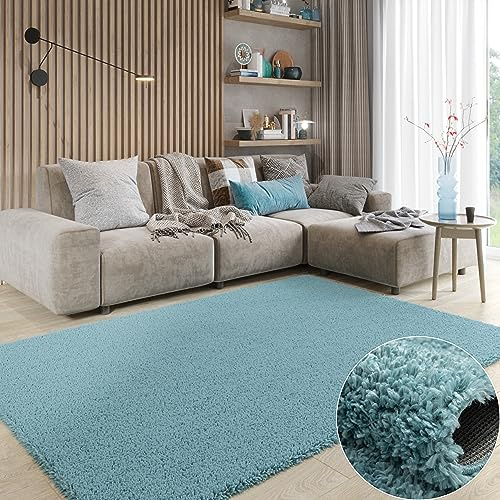 MY-RUG Shaggy Star Hochflor Teppich - 120 x 180 cm - Weicher Langflor | Hellblauer Teppich in Felloptik, 37 mm Florhöhe, rutschhemmend, Oeko-Tex Standard 100 zertifiziert & pflegeleicht