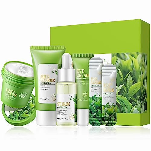 mercham Green Tea Skincare Set for Teenagers Girls, Pamper Gifts for Women, Includes Cleanser-Eye Cream-Serum-Face Cream-Clay Mask-Sleep Mask, Preppy Skincare Suitable for All Skin Types