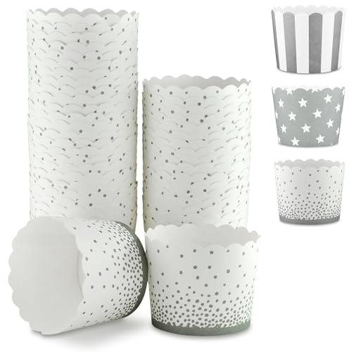 Frau WunderVoll® 100 Muffin Backformen weiß, grau Konfetti Punkte, Durchmesser 6,1 cm/Muffins Muffinbackform Muffinform Form Backförmchen Cupcake Formen Förmchen Papier Cupcakeformen