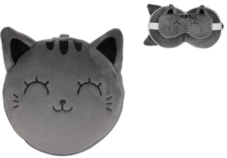 I-TOTAL ® - Kudde med sovmask, återförslutningsbar kudde med resekrok (GREY CAT)