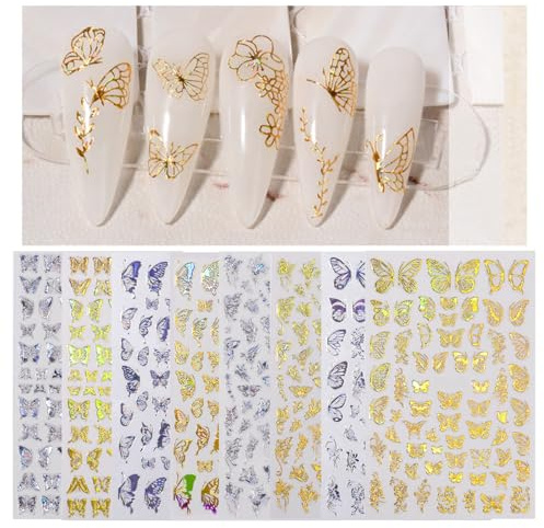 KASESSS 8 Blatt Nagelsticker Selbstklebend, 3D Schmetterling Nail Sticker, Nagelaufkleber Silber Gold, Nagel Sticker Holografisch Schmetterling, Nagel Aufkleber für Frauen Nail Art Stickers Dekoration