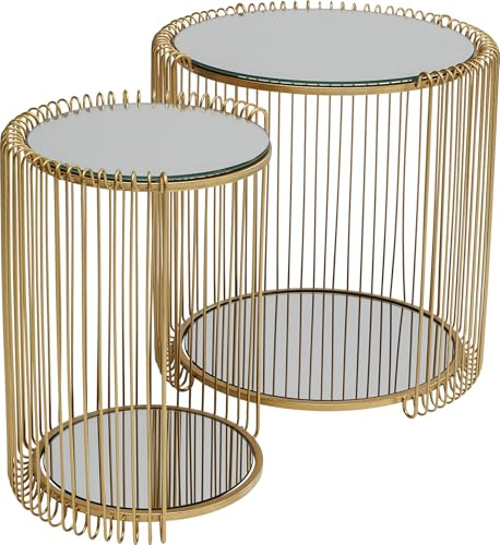 Kare Design Beistelltisch Wire Double (2-Set), Brass, Durchmesser 45cm, Elegant, Wohnzimmertisch, Couchtisch, Stahlgestell, Sofatisch, Spiegeltisch, 46x45x45 cm (H-B-T), Gold