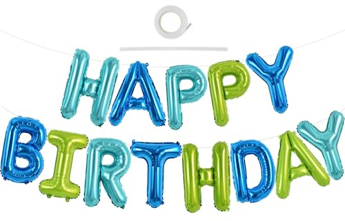 TONIFUL Blau Grün Happy Birthday Ballon Girlande，16 Zoll Blau Grün Folie Happy Birthday Folienballon Luftballon Geburtstagsballon Banner Helium Ballon für Geburtstag Party, Geburtstagsbanner