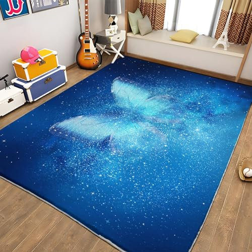 Waschbarer Teppich Tier Schmetterling Blau Teppich Wohnzimmer 120x170 Teppich Kurzflor Modern Teppich Schlafzimmer Teppich Groß Weiche rutschfest Waschbarer Teppich