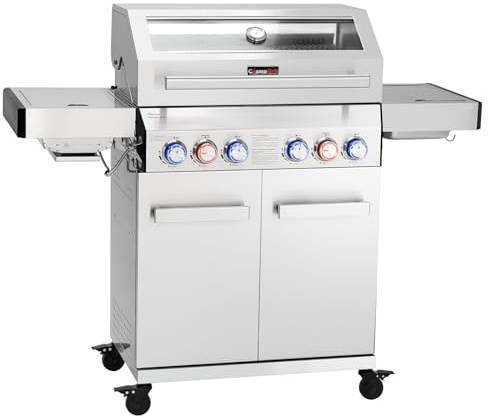 CosmoGrill 6 Burner Stainless Steel Yamara 4+2 Gas BBQ with Waterproof Cover, Viewing Glass, 4 Main Burners, 1 Ceramic Sear Zone, 1 Back Grill, Cast Iron Grills & Bamboo Storage (Silver with Cover).