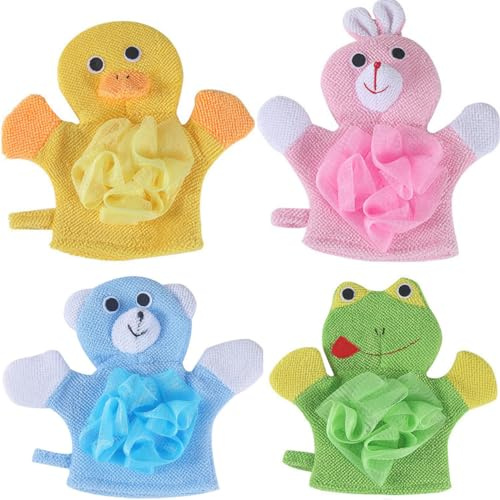 Eyands Baby-Waschhandschuh mit kleinem Schwamm, niedliches Tier-Design, Baby-Badehandschuh, Kinder-Waschhandschuh macht das Baden mehr Spaß (Bär, Hase, Frosch, Ente)