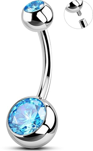 OUFER Body Piercing Iternally Belly Bars Piercing 316L Edelstahl Bauchnabelpiercing Schmuck 14G Bauchnabelpiercings 10/12/14/16mm Navel Bars Belly Button Ring Aqua CZ Navel Piercing