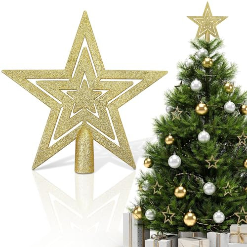 Aodaer Gold Glitter Star Tree Topper 4 Inch Mini Plastic Shatterproof Christmas Treetop Sparkle Xmas Decoration for Holiday Party Supplies