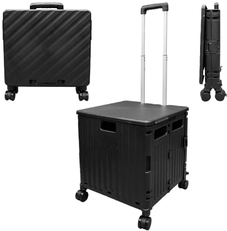 Berry 50L Foldable Shopping Trolley - Black, 40 KG Plastic Trolley Cart with Detachable 4 Wheels and Lid, Portable Cart with Telescopic Handle, Multipurpose Utility Cart for Shopping, Teacher