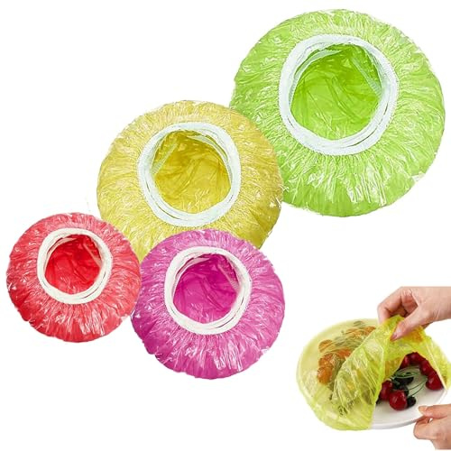 96 Stück Elastische Frischhaltebeutel, Frischhaltefolie mit Gummizug, Picnic Food Covers for Outside, Abdeckhauben für Lebensmittel, Zum Abdecken von Gemüse und Fleisch, 4 Farben für Organisation