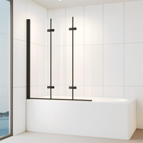 IMPTS 140x140 CM Badewannenaufsatz Duschabtrennung 3-teilig Schwarz Duschwand faltbar 180° Faltwand für Badewanne 6mm ESG-Sicherheitsglas mit NANO-Beschichtung