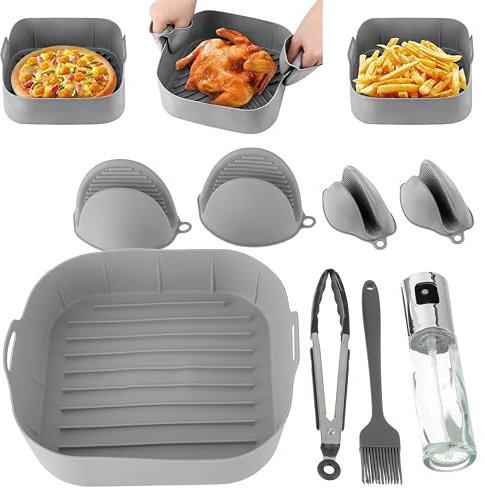 CDDCWZ Molde Silicona Freidora de Aire 21cm para COSORI 5,5 L/6,4 L Tefal 5,6 L/6,5 L Philips 6,2 L/7,2 L - 5Pcs Accesorios Freidora de Aire sin Aceite con Pulverizador Aceite Pinza Cepillo Manoplas