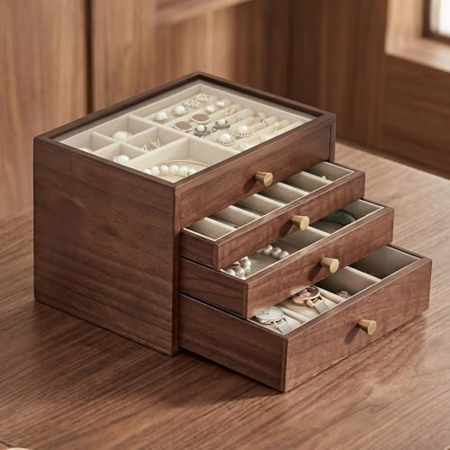 Baolivi Schmuckschatulle aus Holz Dauerhaft Schmuckbox Schmuckkästchen Groß Massivholz Schmuckkasten Holz mit Glasabdeckung 4 Schubladen Jewelry Organizer für Damen Schmuckaufbewahrung Handkette Ringe