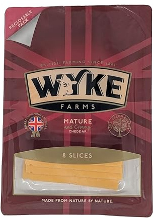 Food-United reifer CHEDDAR-KÄSE 8 Scheiben 160g von WYKE Farms mature grated cheddar cheese 6 Monate gereift englischer Hartkäse ideal zu Burger Sandwiches Wraps Käseplatten Saucen (1)