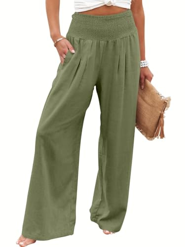 Cegerne Pantalones de Lino Ligero Casual Pierna Ancha Palazzo Casual Pantalones de Verano para Mujer, Verde Ejército, L