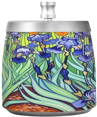 xigua Blue Iris Garden Ashtray with Lid, Stainless Steel Windproof Smokeless Odorless Metal Tabletop Ash Tray for Outdoor Indoor Home Office Patio Balcony Decoration