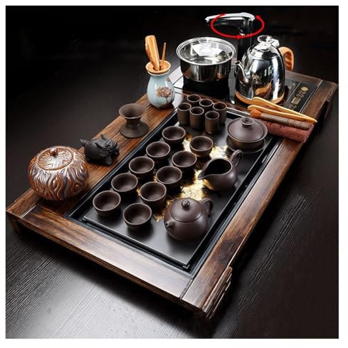 Service à thé Kung Fu – Ensemble complet de cérémonie du thé chinois avec plateau en bois massif, théière en céramique et chauffe-eau automatique pour une expérience de brassage authentique