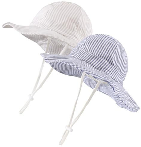 LUVCES Baby bomull solhatt för småbarn flickor randig och enfärgad fiskarhatt med brett brätte, 2 st barn sommar utomhushattar unisex, A: 2 st marinblå + kaki-ränder, 12-24 Månader