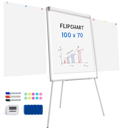 maxtek ​Flipchart Ständer, 100x70 cm Whiteboard mit Seitenarmen, Magnetisches Aluminiumrahmen Flipchart Papier für Seminarleiter Trainerin, Höhenverstellbar Dreibein-Whiteboards bei Schulung, Seminar