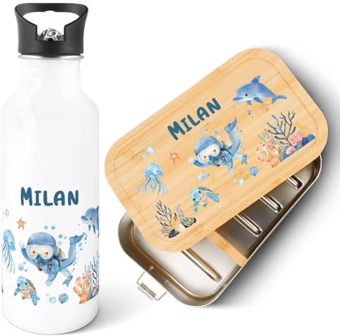 GRAVURZEILE - Bedruckte Trinkflasche & Brotdose Set - Taucher - Personalisiert mit Namen - Edelstahl Trinkflasche 600 ml, Brotdose mit Deckel - Geschenk zur Einschulung für Jungen & Mädchen