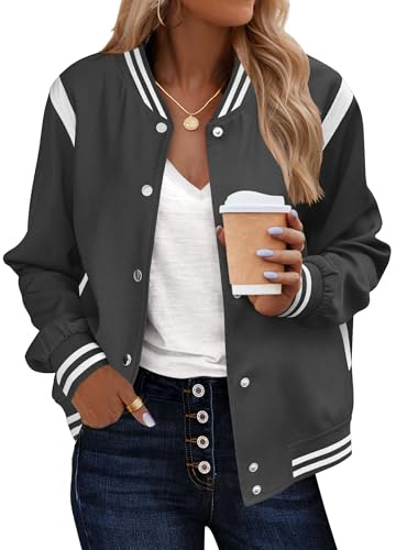 Zeagoo Womens Bomber Jacket Casual Varsity Jackets Spring Trendy Fashion Travel School Outfits for Teachers w/Pockets Dark Grey