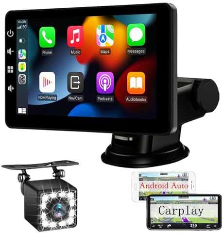 Écran CarPlay Voiture pour Carplay et Andoid Auto sans Fil - 7 Pouces Ecran Tactile avec Mirror Link - Autoradio Portable avec Caméra de Recul, Assistant Vocal/FM/AUX/TF Carte