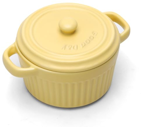 Mini Cocotte mit Deckel, Auflaufform Keramik mit Griffen & Deckel, Runde Auflaufförmchen mit Deckel für Lasagne, Soufflé, Creme Brûlée, Dessert, Für Mikrowelle & Backofen (Gelb, S-1pc)