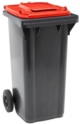 Mülltonne mit Deckel, 120l, Mülleimer rot, Mülltonne groß mit Rollen, für draußen, Mülleimer Outdoor wetterfest, aus Kunststoff