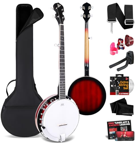 Pyle 5 String Resonator Banjo - Full Size 24 Bracket, Geared 5th Tuner Professional Instrument w/Remo Drum & Hardwood Back - Full Beginner Starter Kit Gig Bag, Tuner, Strings, Picks, Strap, tools