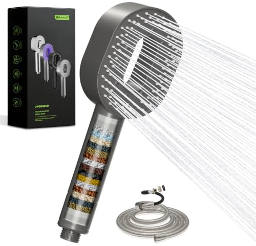 Hibbent Filter Duschkopf mit Schlauch 1,5m, 5 Strahlarten, Grau | Hochdruck, mit 20-Stufen Wasserfilter gegen Chlor & Kalk – 5 Strahlarten Massage Duschbrause, inkl. Filterkartusche