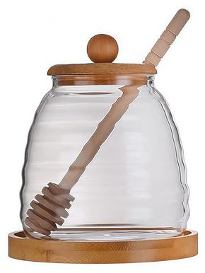 Honigglas aus Glas mit Bambusdeckel und Sirupspender, Behälter, Honigtopf für Marmelade, Ahornsirup, Zuhause, Küche, Kaffee, Aufbewahrung, Geschenk, 500 ml