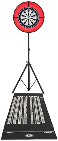 Premium Dartset med Självläkande Darttavla, Justerbart Stativ 120–185 cm, LED-Dimbar Ljusring, Dartmatta & 6 Precisionpilar – Komplett Bärbart Dartpaket för Hemma & Träning
