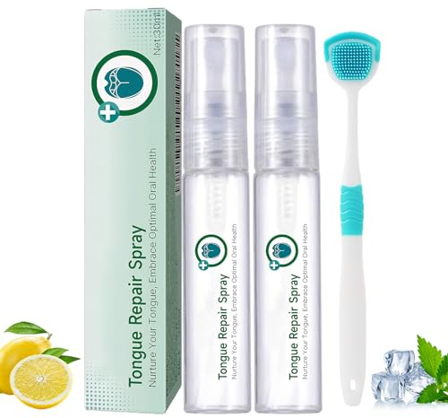 2 Pcs Tongue Repair Spray für Mundgesundheit, Zungenreiniger Sorgt für Frischen Atem, Mundspray für Zungenreparatur, Weißer Zunge, Trockenem Mund, Zungenpflegespray mit Zungenreinigungsbürste