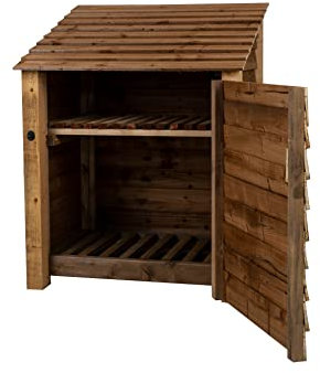 Arbor Garden Solutions wooden log store 4ft with door, firewood storage (W-99cm, H-126cm, D-88cm), brown finish (With kindling shelf)