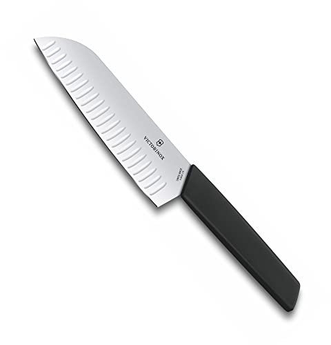 Victorinox Swiss Modern, Profi Santokumesser, Extra Scharfe Klinge, Kullenschliff, 17 cm, Kunststoffgriff, Rostfreier Stahl, schwarz