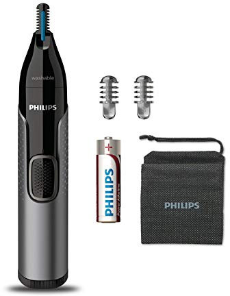 PHILIPS Nose Trimmer Nt3650/16,Cordless Nose,Ear&Eyebrow Trimmer With Protective Guard System,Fully Washable,Including Aa Battery,2 Eyebrow Combs,Pouch (Gray), Unisex