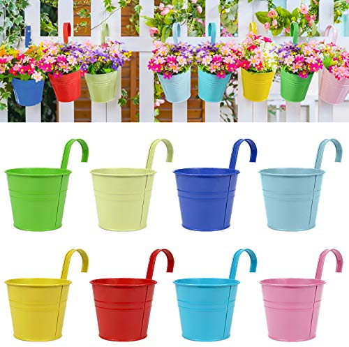 RIOGOO Flower Pots, Garden Pots Hanging Buckets Hanging Planter,Metal Flower Pots Plant Pots Home Decor - Detachable Hook (8 PCS Middle size)