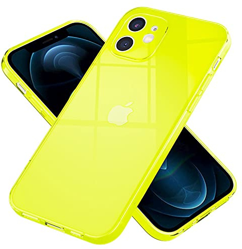 NALIA Neon Silikonhülle für iPhone 12 - Linsenschutz - Hülle, Gelb | Rutschfester Grip in der Hand, Kabelloses Laden, Bündiger Kamera-Abschluss, Erhöhter Rand zum Ablegen, VIBE