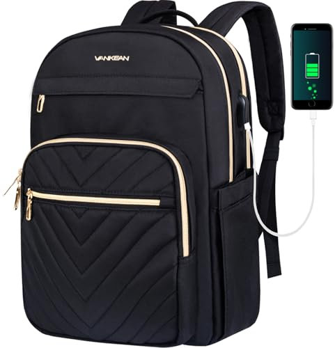 VANKEAN 15.6 Zoll Laptop Rucksack Damen, Schulrucksack wasserdicht Damen Herren Arbeitstasche mit USB Ladeanschluss für Universität Business Arbeit Reisen Camping, Schwarz