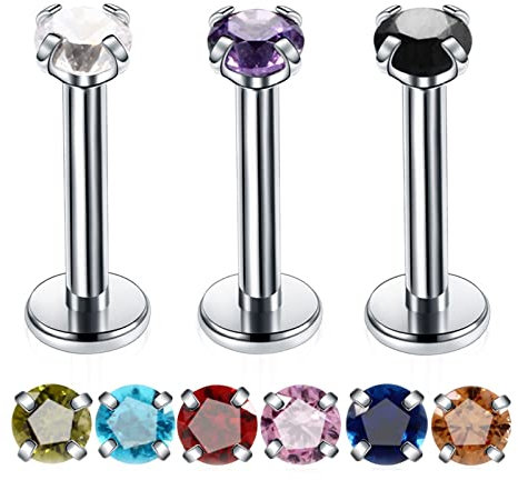 Lieson 9 Stück Nasenpiercing Edelstahl 16G Nasenring Nasenstecker Gerade Stab Mit Zirkonia 6MM Piercing Septum Knorpel Tragus Helix Ohrringe Silber