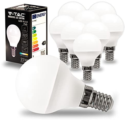 V-TAC 10x Ampoules LED culot E14 3,7W (équivalent 25W) P45-320 Lumen - 6500K Blanc Froid - Ouverture du faisceau lumineux 180° - Ampoule Efficacité Maximale et Économie d'Énergie