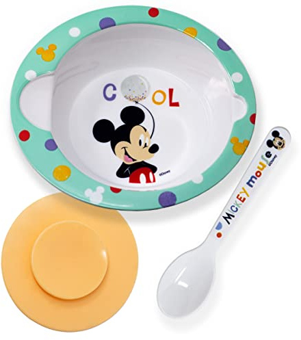 damaloo Baby Schüssel mit Saugnapf & Löffel passend für Mickey Mouse Fans - Kinder mit Löffelchen - Babybrei Geschirr Set mit Schale und Lernlöffel - Rutschfest & Wiederverwendbar - BPA frei
