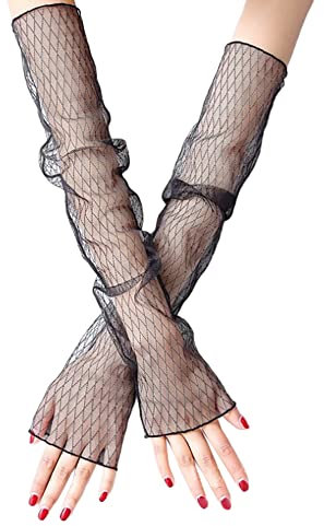 2 Paar Damen Kühlung Arm Ärmel Lange Ultradünne Fingerlose Ellbogen Sommerhandschuhe Sonnenschutz UV Schutz Kühles Netz Tül Fingerlose Armstulpen Perfekt Party Outdoor Sportaktivitäten,Schwarz E