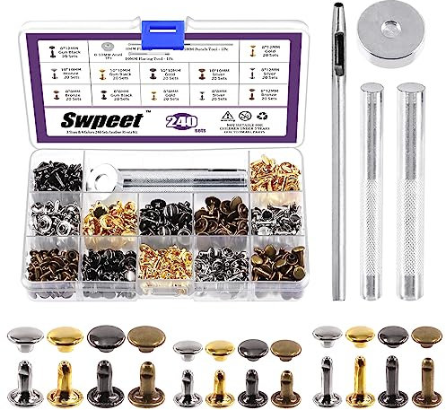 Swpeet 240 Sets 4 Colors 8mm 10mm 12mm Leather Rivets Double Cap Rivets with 4Pcs Fixing Tools Assortment Kit, Leather Rivets Double Cap Rivets Tubular for DIY Leather Craft Clothes Shoes