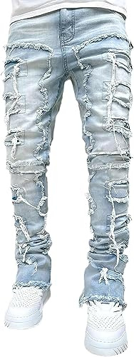 Vagbalena Jeans Elasticizzati Slim Fit Strappati da Uomo Pantaloni a Matita in Denim Skinny Elasticizzati Jeans Aderenti a Gamba Dritta sfilacciati impiombati tintura arrotolata (Blu Chiaro,S)