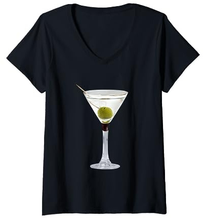 Martini Glass Green Olive Bartender Vodka Gin Cocktail Drink V-Neck T-Shirt