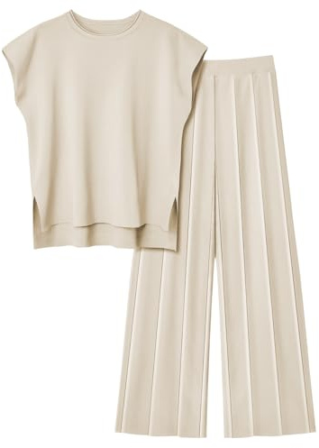LILLUSORY 2-teiliges Outfit für Damen, gestrickt, leicht, passende Lounge-Sets, Flügelärmel, Oberteil und elastische Bundfaltenhose, Beige, S