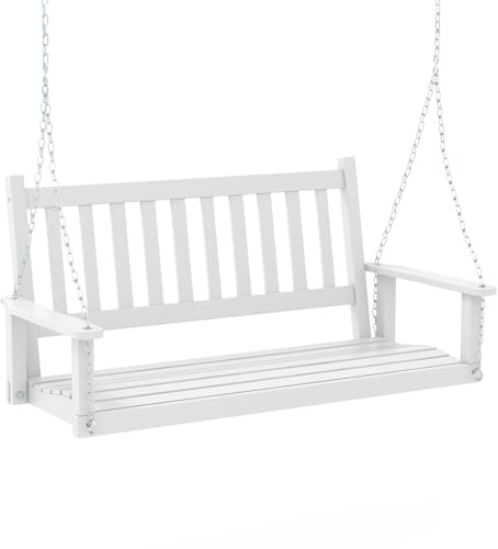 GIANTEX Hängeschaukel aus Holz, für 2/3 Personen, mit verstellbaren und robusten verzinkten Metallketten, mit Rückenlehne aus Latten und Sitz für Terrasse, Garten (136 x 67 x 63 cm, Weiß)